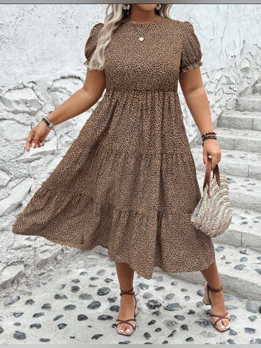 Shein Curve Leopard Print Breezaya Short Sleeve Tiered Dress